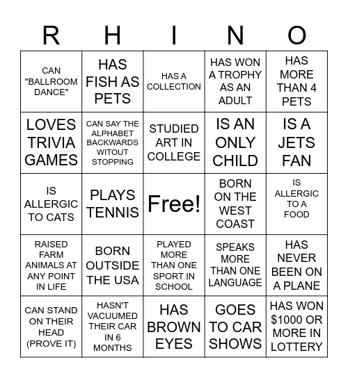 RHINO-BACK GET TO KNOW EVERYONE Bingo Card