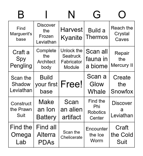 Subnautica Below Zero Bingo Card