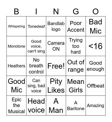 Audition Songs Bingo Card