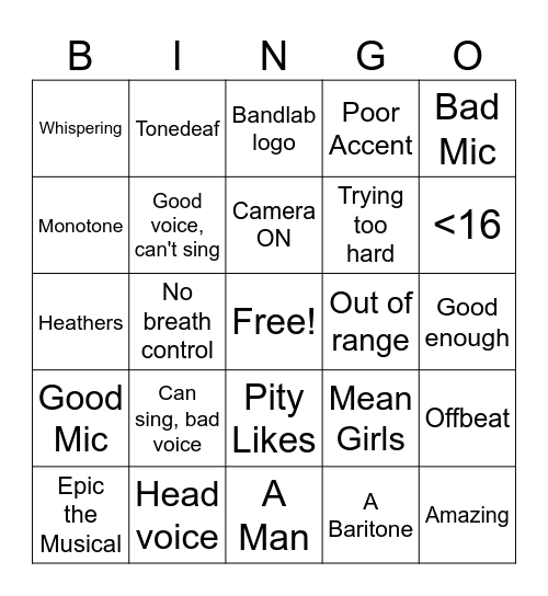 Audition Songs Bingo Card