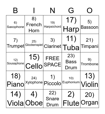 Musical Instrument Bingo Card