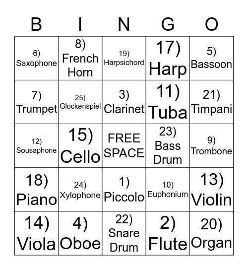 Musical Instrument Bingo Card