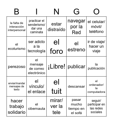 IB- Ocio (tech, vacation, lack of physical activity) Bingo Card