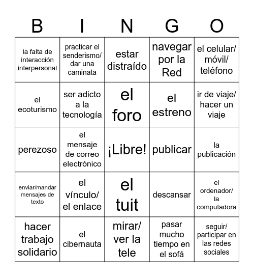IB- Ocio (tech, vacation, lack of physical activity) Bingo Card