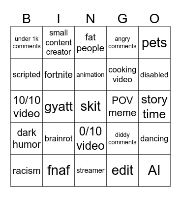 youtube shorts Bingo Card
