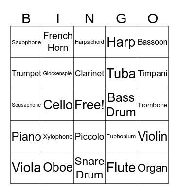 Musical Instrument Bingo Card
