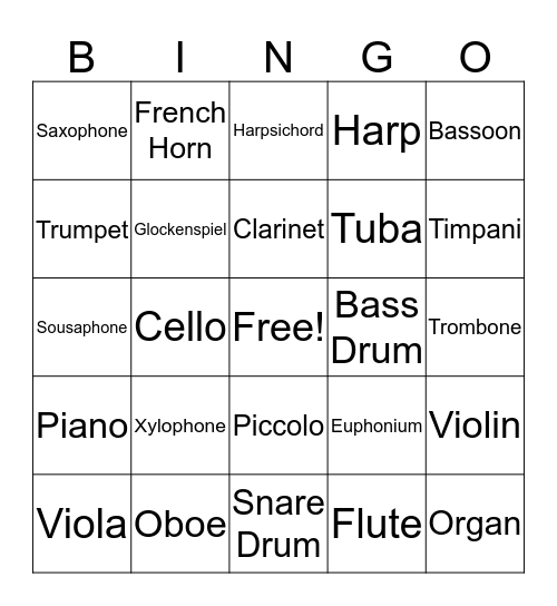 Musical Instrument Bingo Card