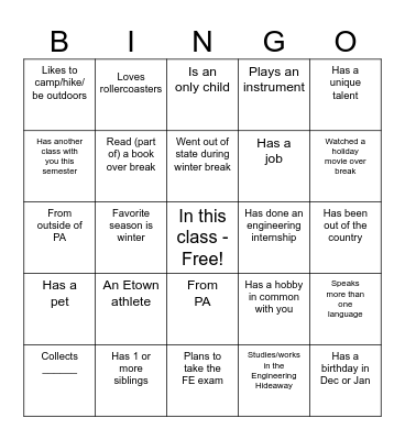 Get to Know Your Classmates Bingo Card