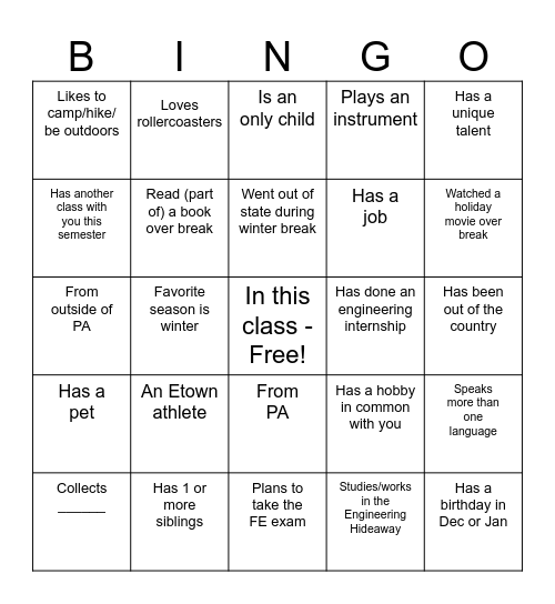 Get to Know Your Classmates Bingo Card