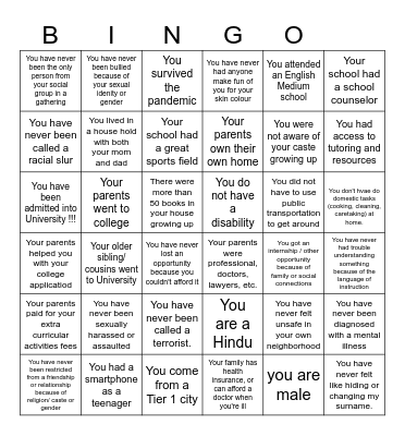 Privilege Bingo Card
