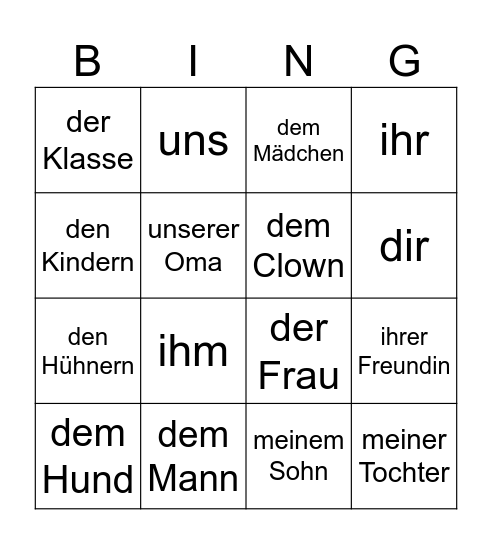 Dativ Bingo Card