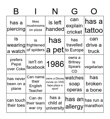 Reunion Bingo Card