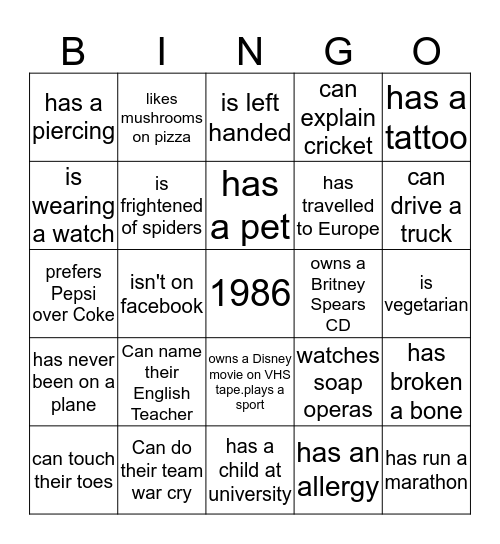 Reunion Bingo Card