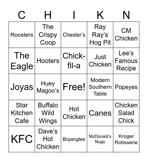 Chicken Bingo Card