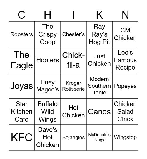 Chicken Bingo Card