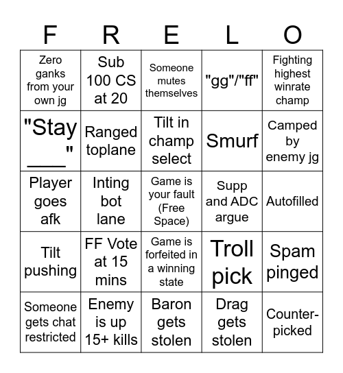 League Ranked Bingo Card