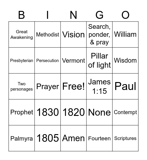 Joseph Smith History Bingo Card