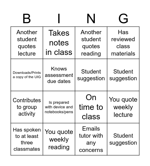 UPP003 week one Bingo Card