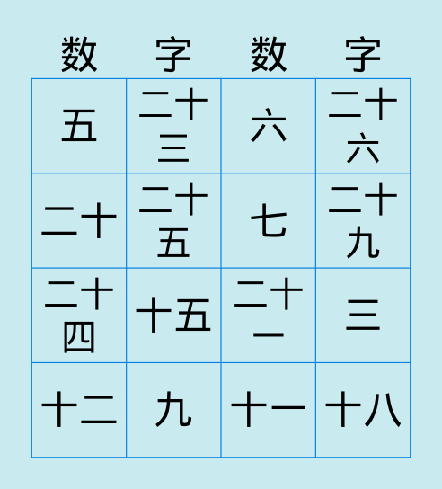 ตัวเลขภาษาจีน Bingo Card