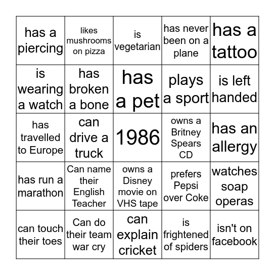 Reunion Bingo Card