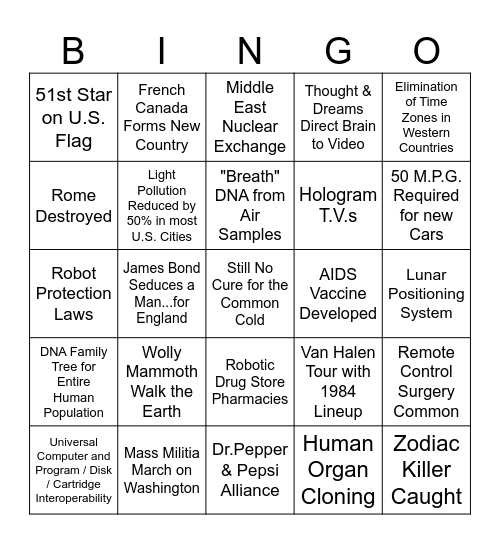 21st Century Predictions Bingo Card