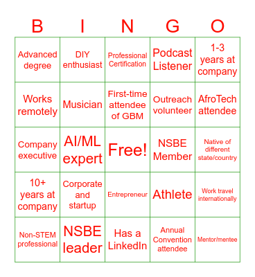 Networking Bingo Card