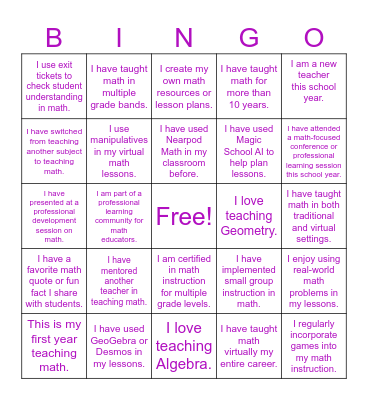 Math Connection Bingo Card
