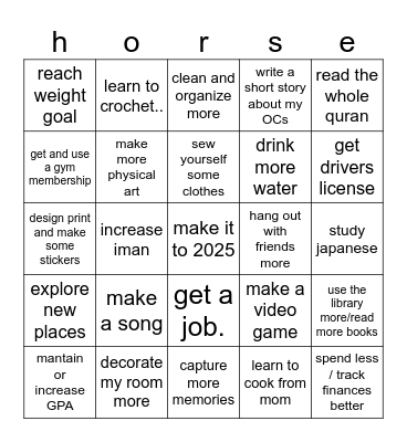 2025 goals/quests bingo Card