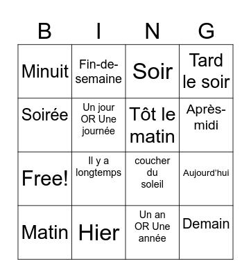 Time and Frequency Words in French Bingo Card