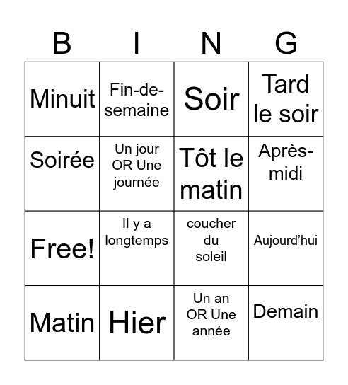 Time and Frequency Words in French Bingo Card