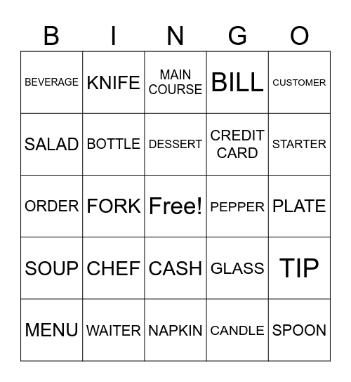 RESTURANT Bingo Card