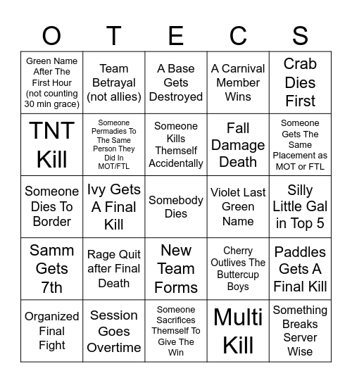 OTC Finale Bingo Card