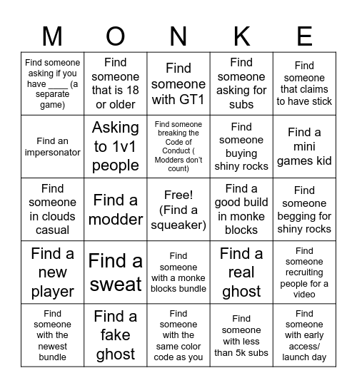 Gorilla Tag Bingo Card