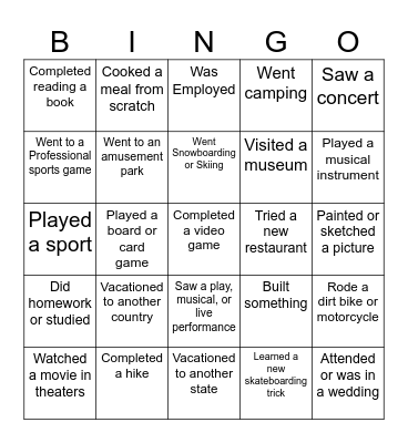 Winter Break Bingo Card