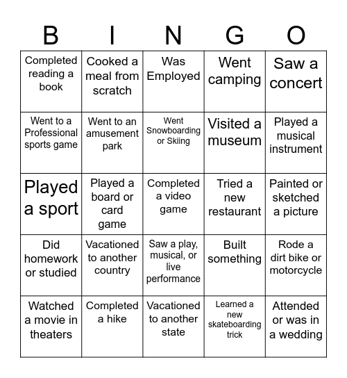 Winter Break Bingo Card