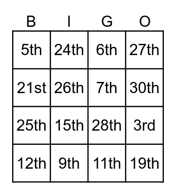 Ordinal numbers Bingo Card