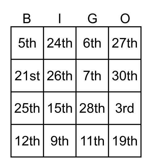 Ordinal numbers Bingo Card
