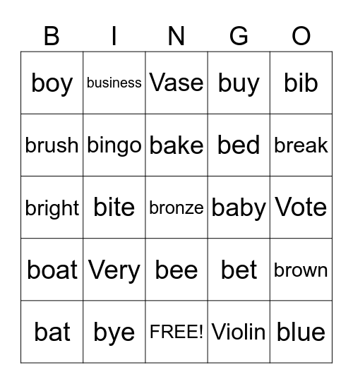Words that start with B / V Bingo Card