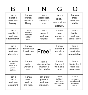 S10 U7 I am a teacher. I work in a school. Bingo Card