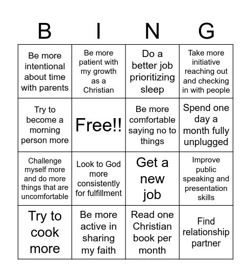 2025 New Years Resolution Bingo Card