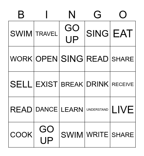 Verbs in English Bingo Card