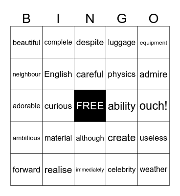 Parts of Speech Bingo Card
