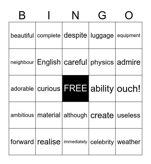 Parts of Speech Bingo Card