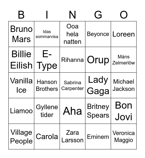 Musik Bingo Anja och Majas Fest Bingo Card