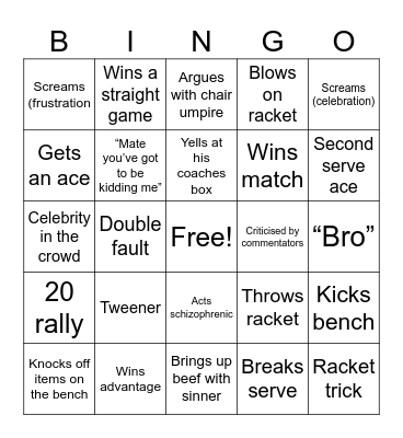 Kyrgios bingo aus open ‘25 Bingo Card