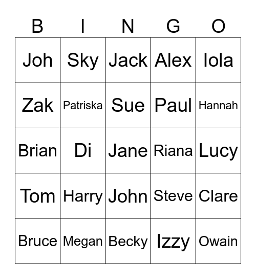 Names Bingo Card