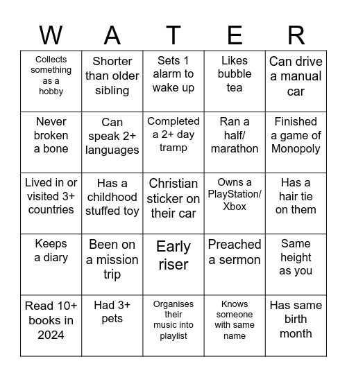 SNZ Big Camp Bingo Card