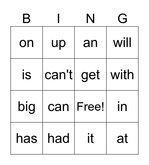 VC and CVC Power Words Bingo Card