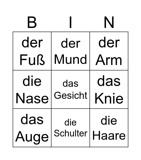 Körper Bingo Card