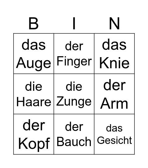 Körper Bingo Card
